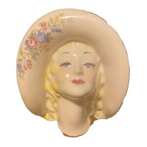 Vtg 50s Lady Head Vase Art Deco Style Blonde Curls w/Gilded Wide Brimmed Hat